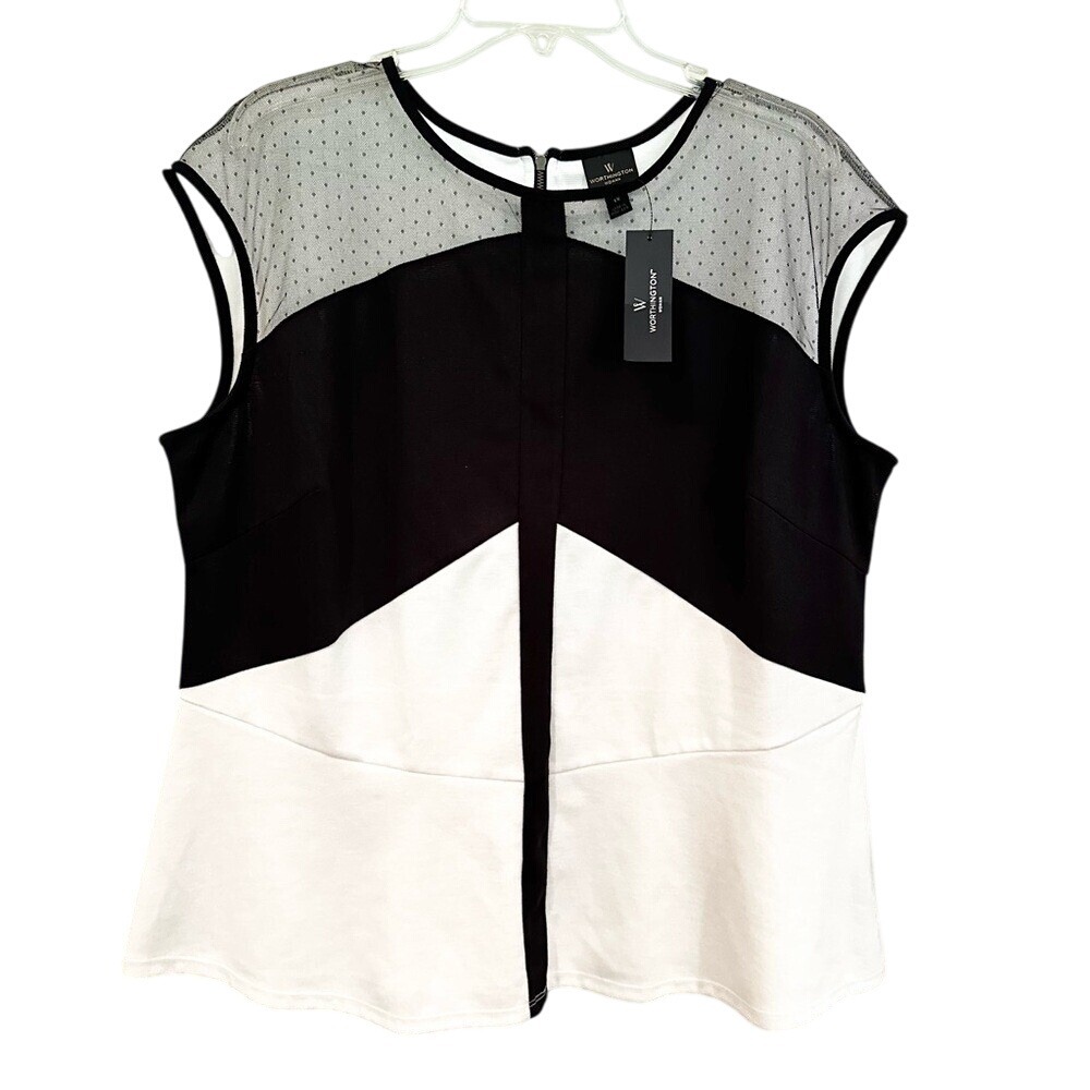 Worthington Sleeveless Peplum Blouse Women's 1X Black White Career Casual NWT